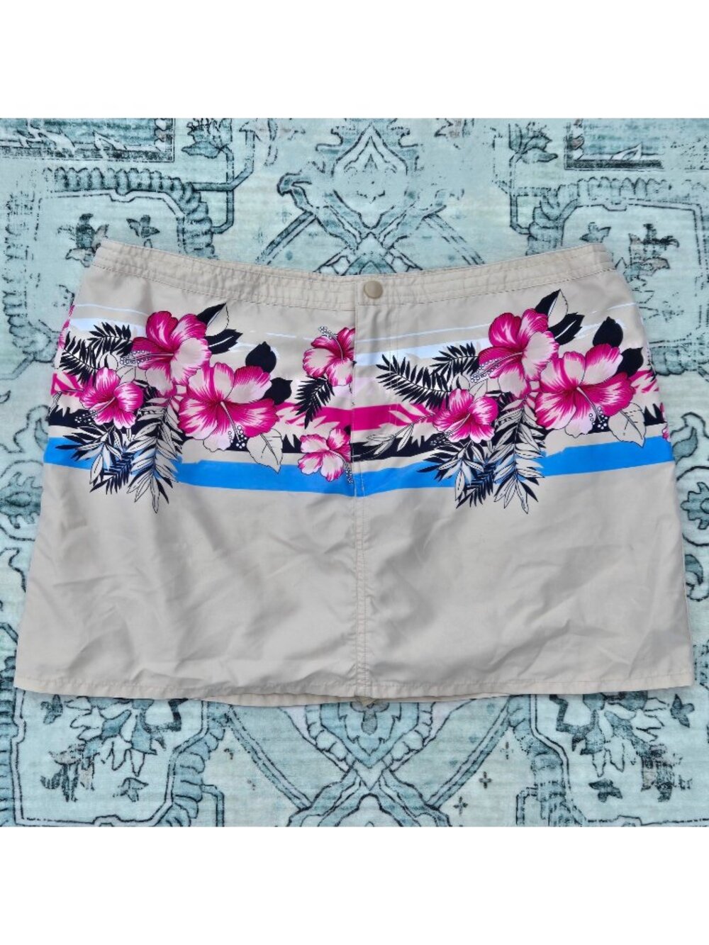 Vintage Y2K  Mini Skort Skirt Juniors Size L Beige Pink Floral Hibiscus Print